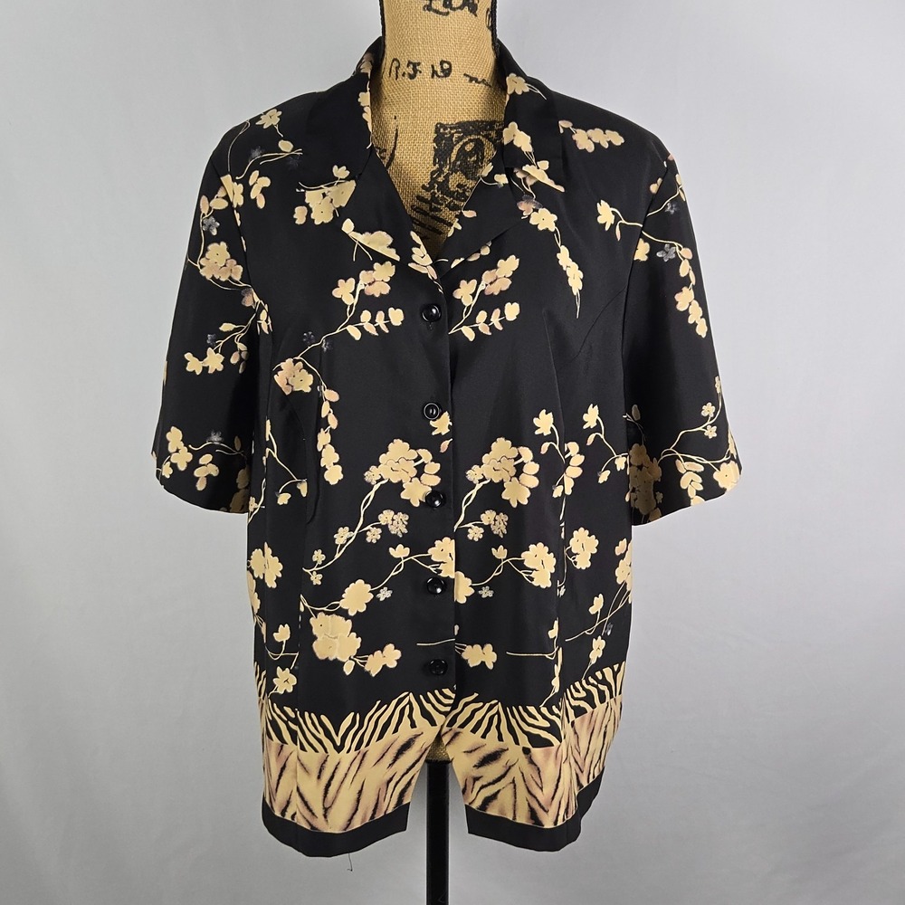 Vtg Joan Leslie Womens Blouse 18W Floral Zebra Print Button Up Short Sleeve